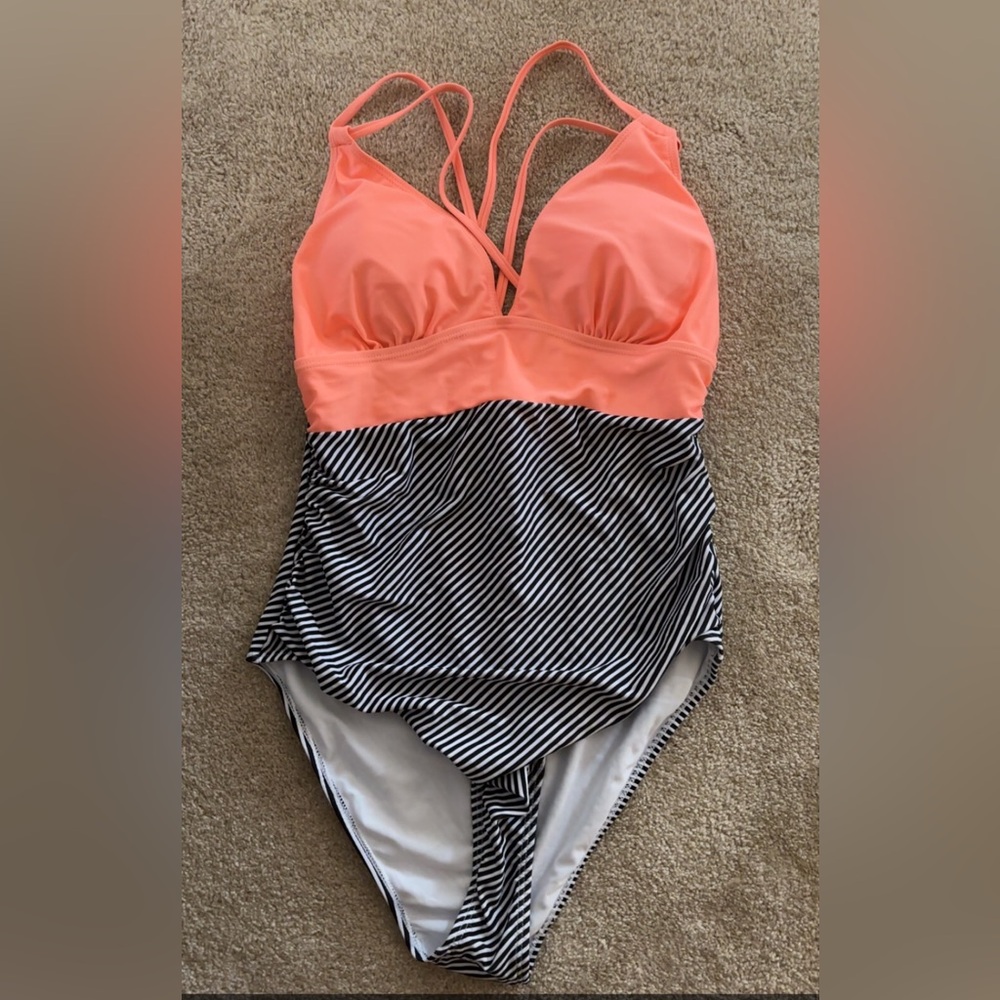 SHEIN Coral and Black Striped Swimsuit